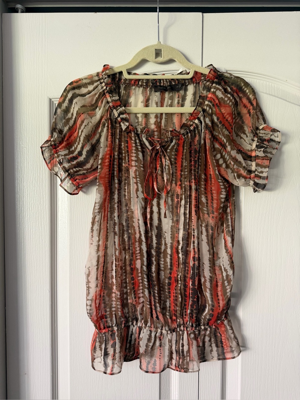 The Limited Coral and Brown Striped Sheer Peasant Top